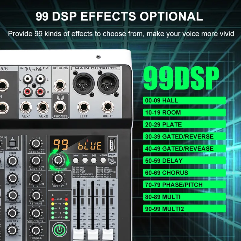 Leus mx6 canal 99 dsp efeito m - Audio Music Mixer avaliação e preço